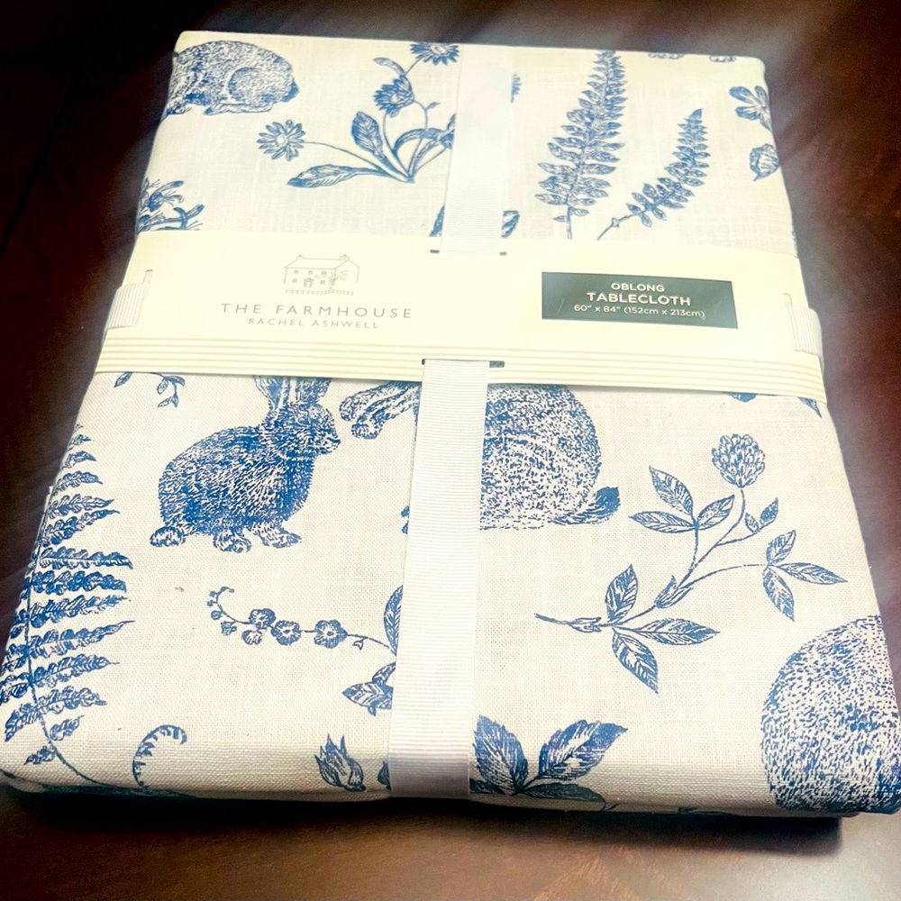 The Farmhouse Rachel Ashwell Easter Blue Bunny Rabbit Tablecloth 60x84 in Oblong